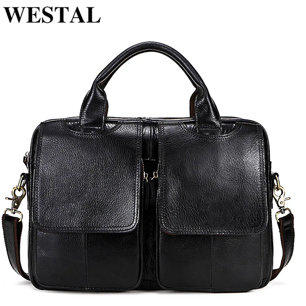 WESTAL Men's Briefcases Bags Men's Genuine Leather Laptop Bag Messenger Bag Men Leather office Bags for Men Document Briefcases leather briefcase document bag