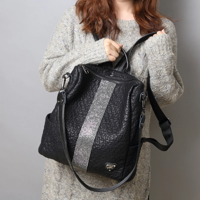

High Quality Artificial Leather Backpack Women Pu Leather Casual Daily Knapsack Bag Female Teenager Big Capacity Rhinestone Bag