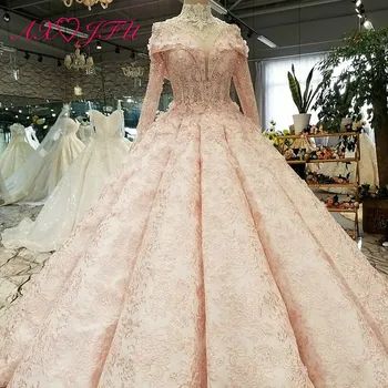 

AXJFU luxury princess beading crystal flower pink lace ruffles high neck long sleeve illusion bride pink wedding dress 4777