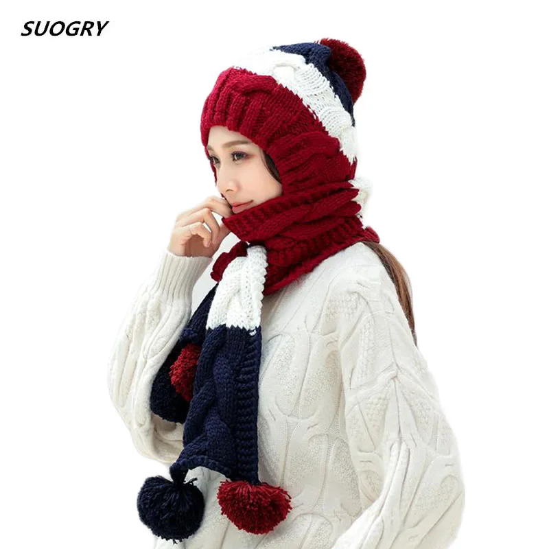 Зимний комплект для девочек, Милая шапочка, вязаная шапка, шарф, бини с помпоном, шаль, однотонное переплетение, плюс бархатный головной убор