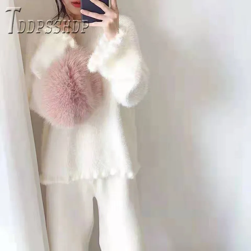 Милый вязаный женский свитер с имитацией кроличьего меха, корейские свободные Осенние Теплые женские свитера