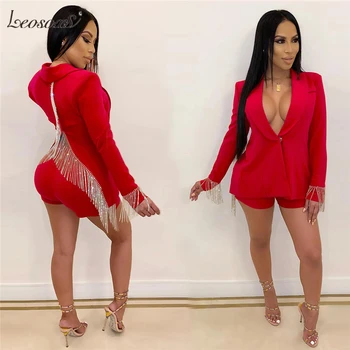 

Tsuretobe Autumn Women Long Sleeve Tassel Blazer Top And Shorts Suits Back Split Coat Deep V-Neck Sexy Two Piece Set Outfits