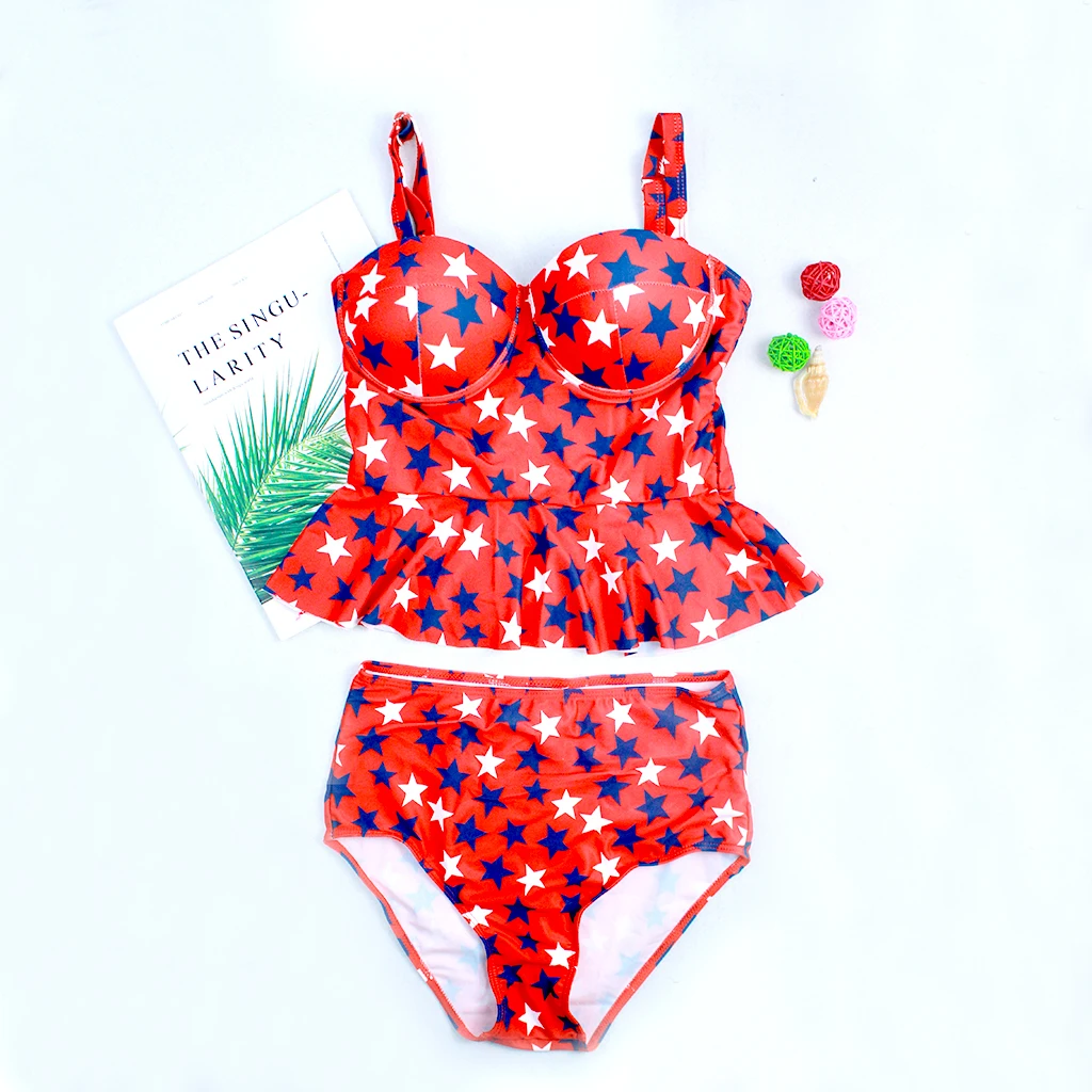 

2019 New Women Tankini Set Triangle Push-up Swimsuit Two -Pieces Swimwear Red Star Beachwear High Waist Swim Suit Bathing Suit