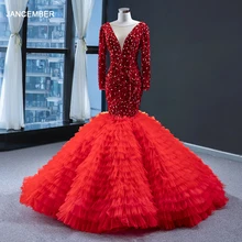 J67003 jancember, Длинные вечерние платья,, о-образный вырез, Русалка, длина до пола, со шлейфом, расшитое блестками, кружевное Многоуровневое красное платье, vestido sereia