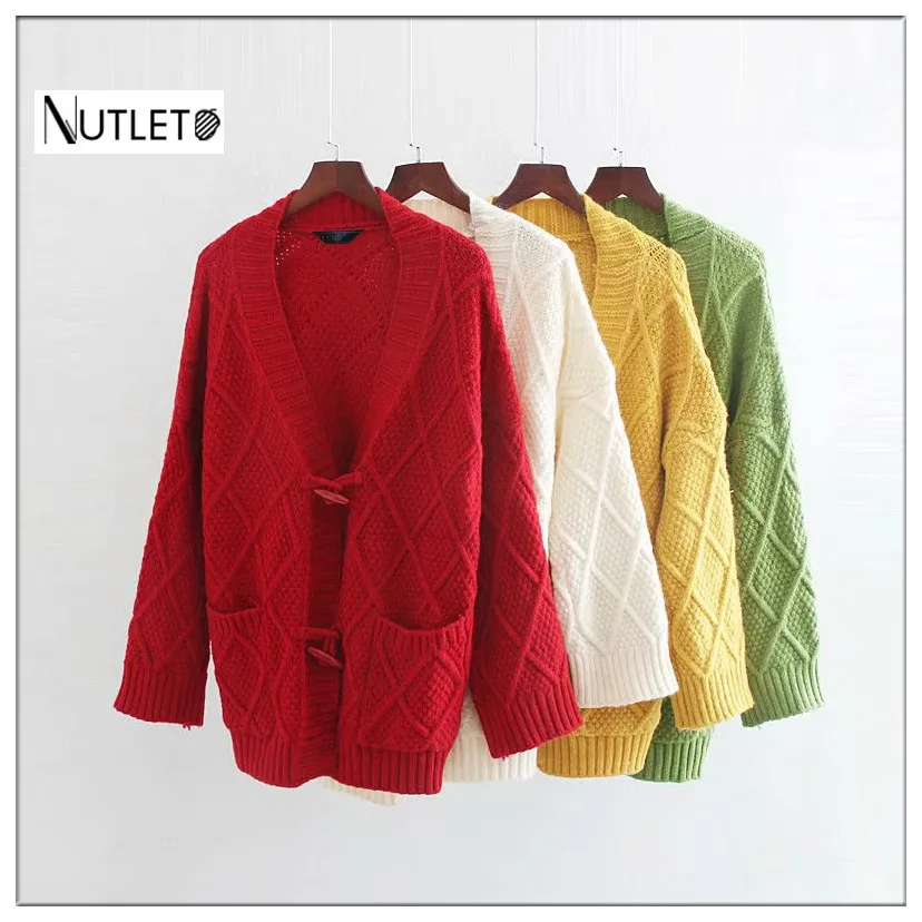 

2019 autumn and winter women's new diamond-shaped jacquard horn buckle loose knit cardigan casual fashion sweater coat