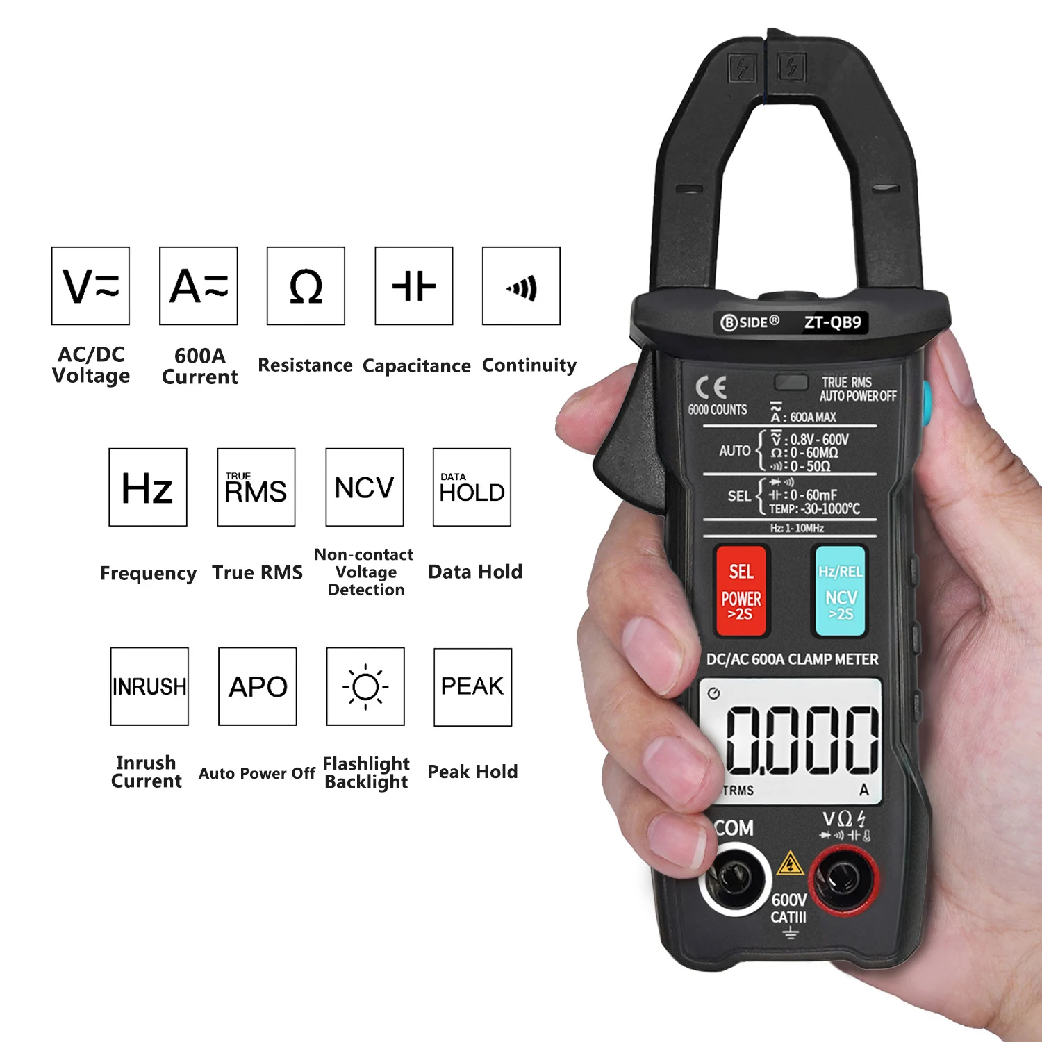 BSIDE-DC Clamp Meter, True RMS, Auto-Ranging, 6000