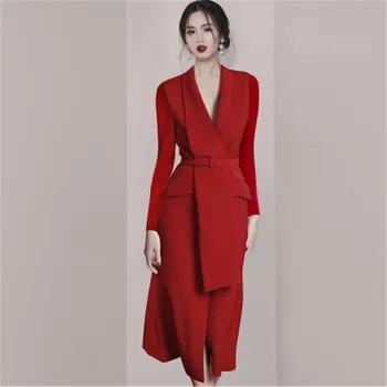 

High Quality Elegant Women‘s’ Red Irregular Suit collar Long Sleeves Dress Temperament Women Evening Party Dresses 2020 New
