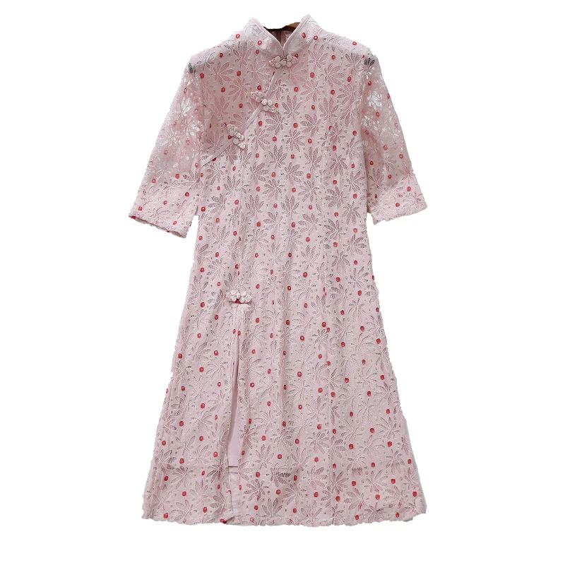 Spring Floral Lace Chinese National Dress Cheongsam A-Line Party Mini Vestidos Vintage Buckle Elegant Ladies Dress Plus Size