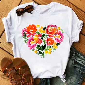 

Maycaur New Floral Print Women Tshirts Kawaii Korean Style Female Tshirts Round Neck Tops Harajuku White Shirt Streetwear Clothe