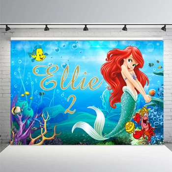 

Girls Little Mermaid Photography Backdrop Custom Name Years Under The Sea Fish Bubble Backgrounds for Photo Studio