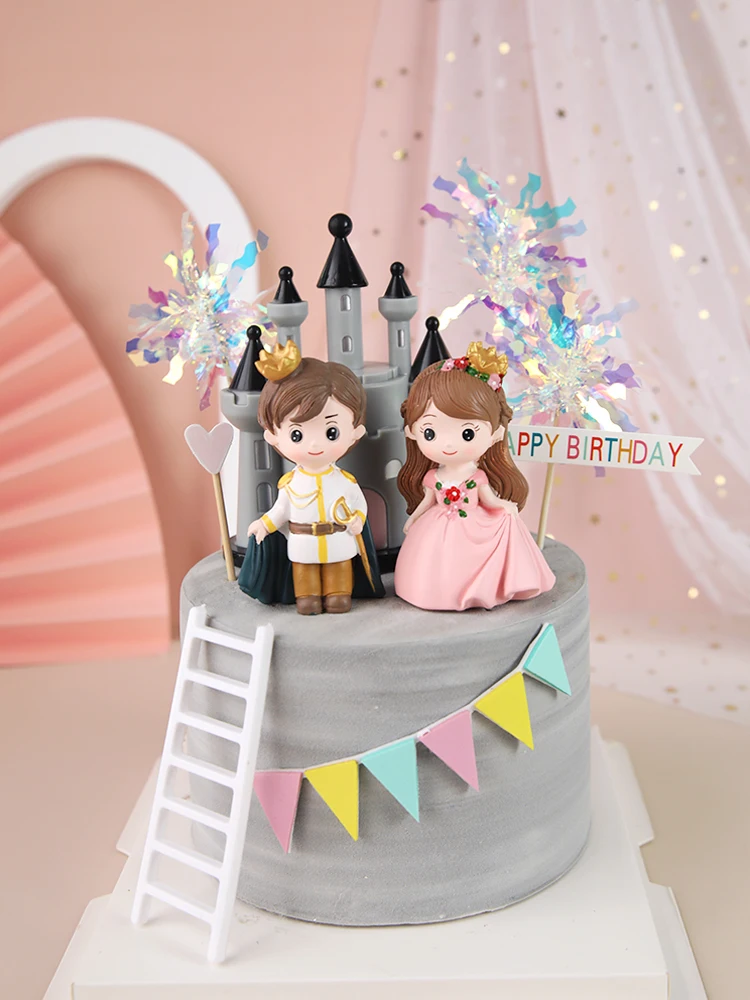 Cute Castle Princess Prince Resin Creative Crafts Cake Decorations Little Boy Girl Model Micro Landscape Cake Topper Decor