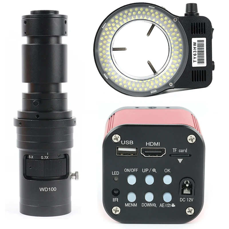 1080P UHD SONY IMX337 Sensor 4K Industrial HDMI USB Video Microscope Camera + FHD 200X 500X C mount Lens 144 LED Ring Light |