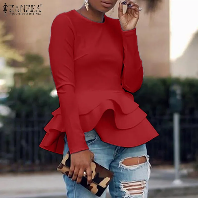 Elegant Solid Ruffle Shirts Womens Flounce Blouse ZANZEA Spring Long Sleeve Peplum Tunic Female O Neck Blusas Plus Size Tops