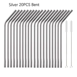 Vibrant Eco-friendly Reusable Metal Straw Set - 10 Color Stainless Steel Drinking Straws (Silver Bent)