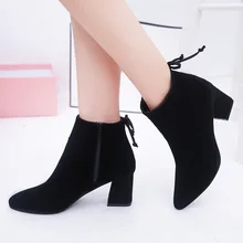 Mhyons 여성용 앵클 부츠 2019 black flock winter fashion med 여성용 하이힐 부츠 pointed toe plus size 여성화(China)