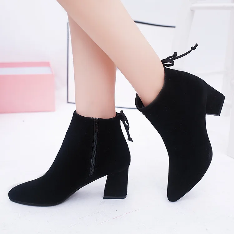 MHYONS Women Ankle Boots 2019 Black Flock Winter Fashion Med High Heel Boots for Ladies Pointed Toe Plus Size Women Shoes MHYONS Women Ankle Boots 2019 Black Flock Winter Fashion Med High Heel Boots for Ladies Pointed Toe Plus Size Women Shoes