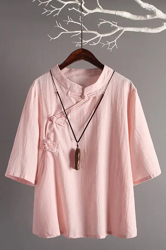 New Retro Art Cotton 3/4 Sleeves Loose Linen Tops Women Traditional Linen Shirt Chinese Style Clothing Women