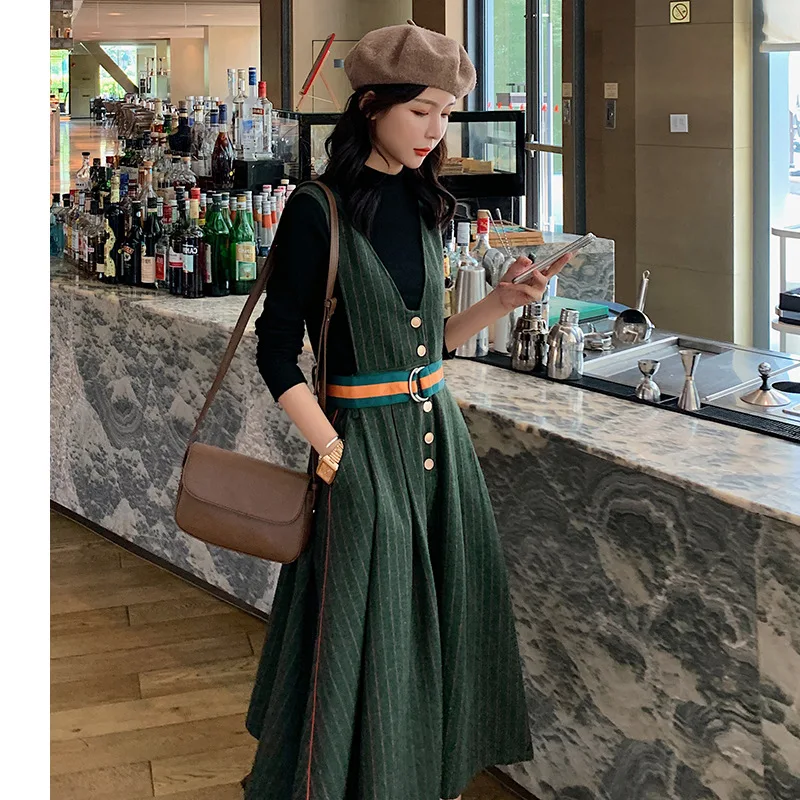 

Large Size Dress Large GIRL'S Size Winter Europe And America Retro Slimming Stripes Two-Piece Set Woolen Full Body Dress