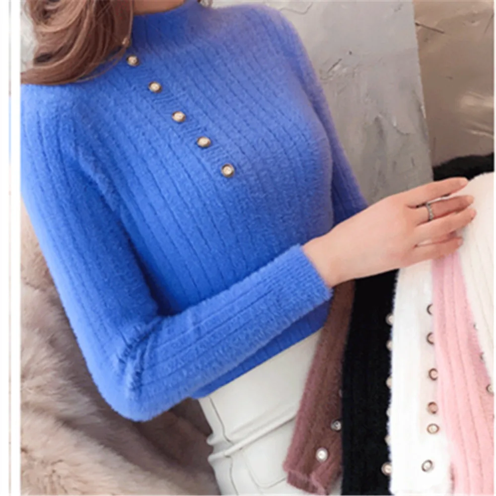 Faux Mink Velvet Button Bottom Slim Sweaters Women Warm Knitted Sweater Pullover Female Spring High Collar Solid Color | Женская одежда