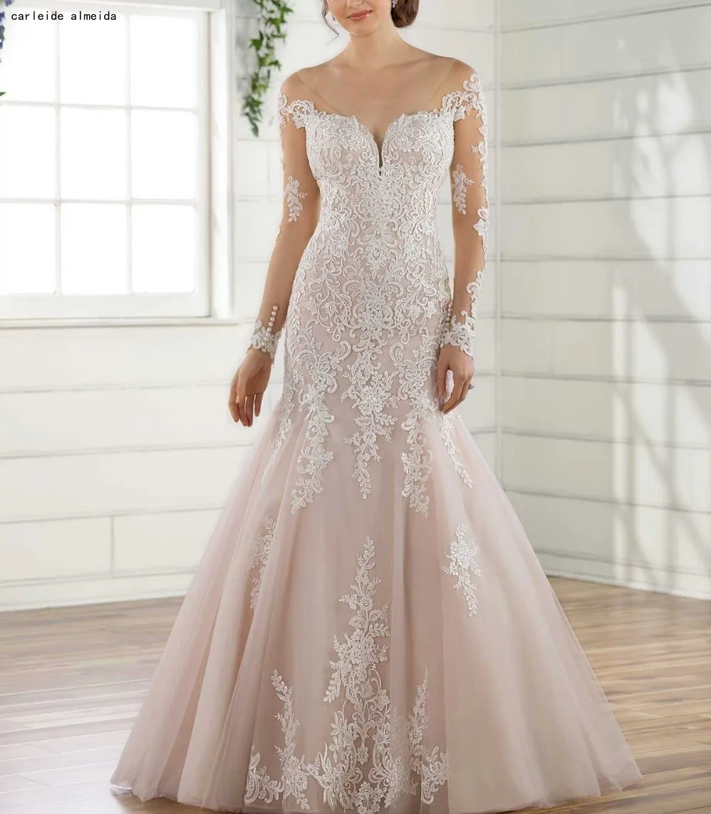 

Long sleeves Mermaid Wedding Dresses Sheer Tulle Back Sexy Wedding Gowns with Unique Lace Appliques Plus Size