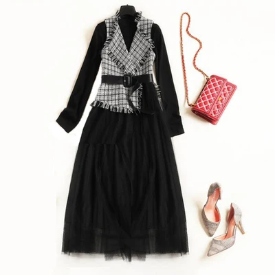 

Plus Size XXL Simple Knitted Long Sleeve Women Casual Jumper Long Sweaters Tops+Plaid Tweed Patchwork Ruched Mesh Sleeveless High Waist Dress Women Fashion Autumn Winter Suits