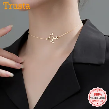 

Trustdavis Real 925 Sterling Silver Sweet INS Gold Hollow Birds Pendant Clavicle Choker Necklace For Women S925 Jewelry DA1741