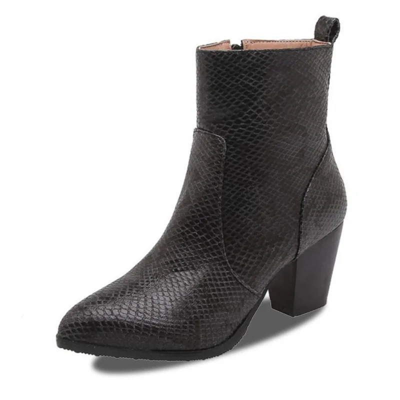 Taoffen/женские ботильоны на высоком каблуке размера плюс 32-46; зимняя пикантная обувь с острым носком и змеиным принтом; Женская Повседневная офисная обувь