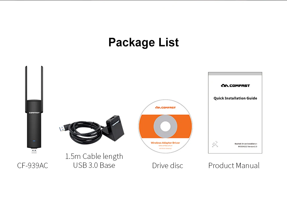 COMFAST USB Wifi адаптер 1900 Мбит/с 2,4 ГГц и 5,8 ГГц двухдиапазонный wifi ключ Plug And Play AC сетевая карта Wi-Fi антенна с USB CF-939AC