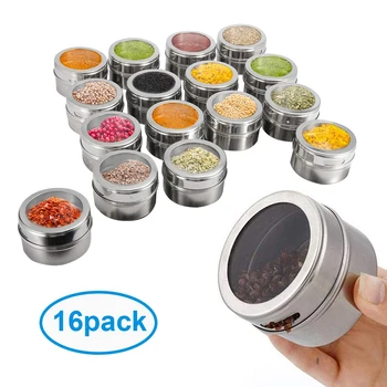 

6/12/16Pcs Magnetic Spice Jar Set Stainless Steel Spice Tins Spice Storage Container Pepper Seasoning Sprays Tools Kitchen