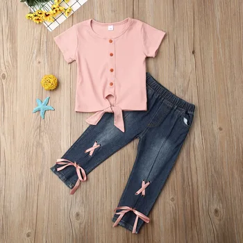 

Pudcoco Toddler Baby Girl Clothes Solid Color Short Sleeve Knitted Cotton T-Shirt Tops Denim Long Pants 2Pcs Outfits Clothes