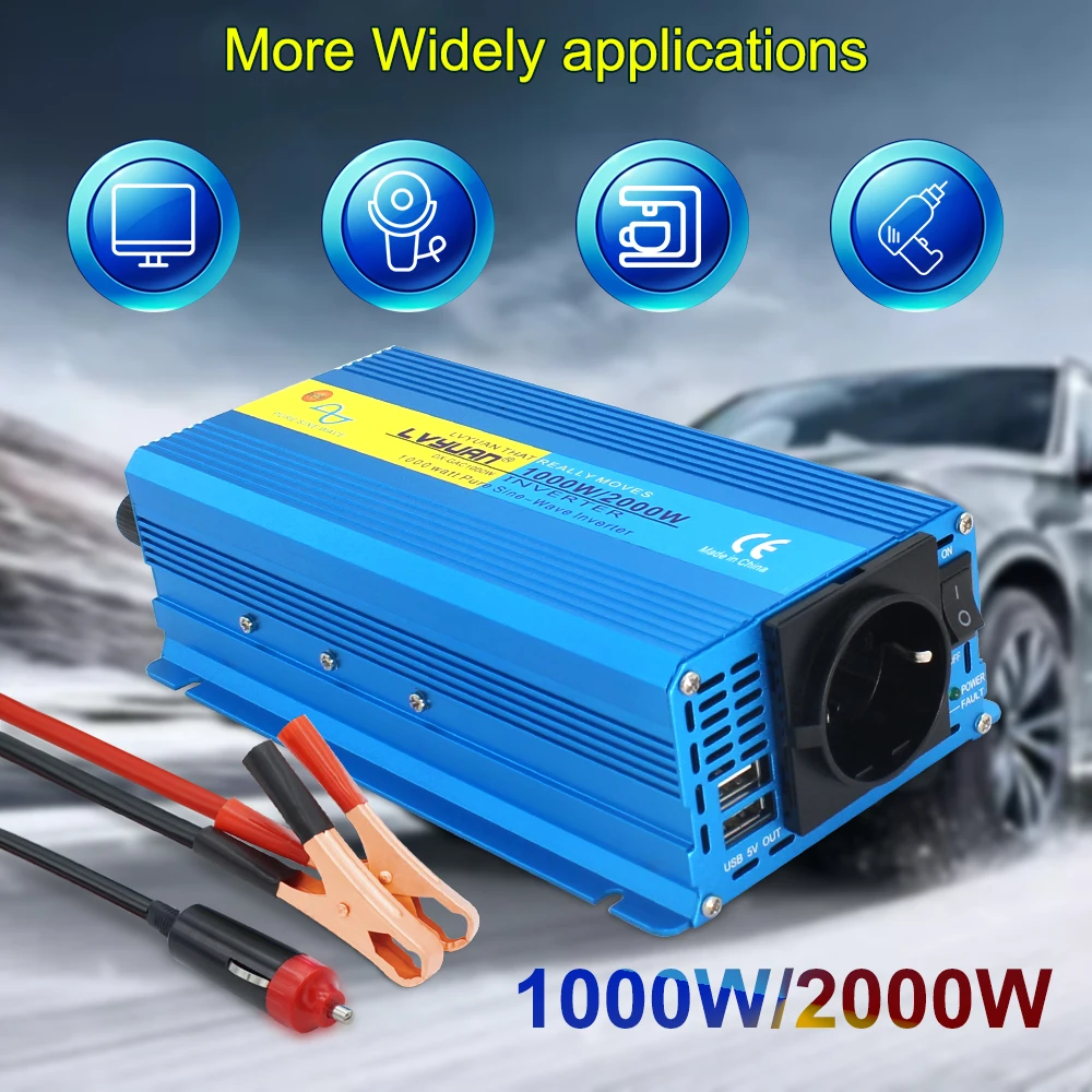 

2000W Pure Sine Wave Inverter 2 Outlet 2 USB US UniversalPlug Car Inverter ac 110v Converter Inversor Solar 60hz Power Inverter
