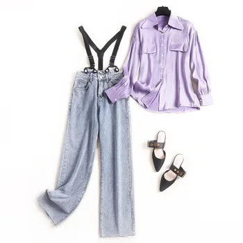 

Women purple lurex shirts tops + denim jeans pants two piece set new 2020 spring summer casual pants suit