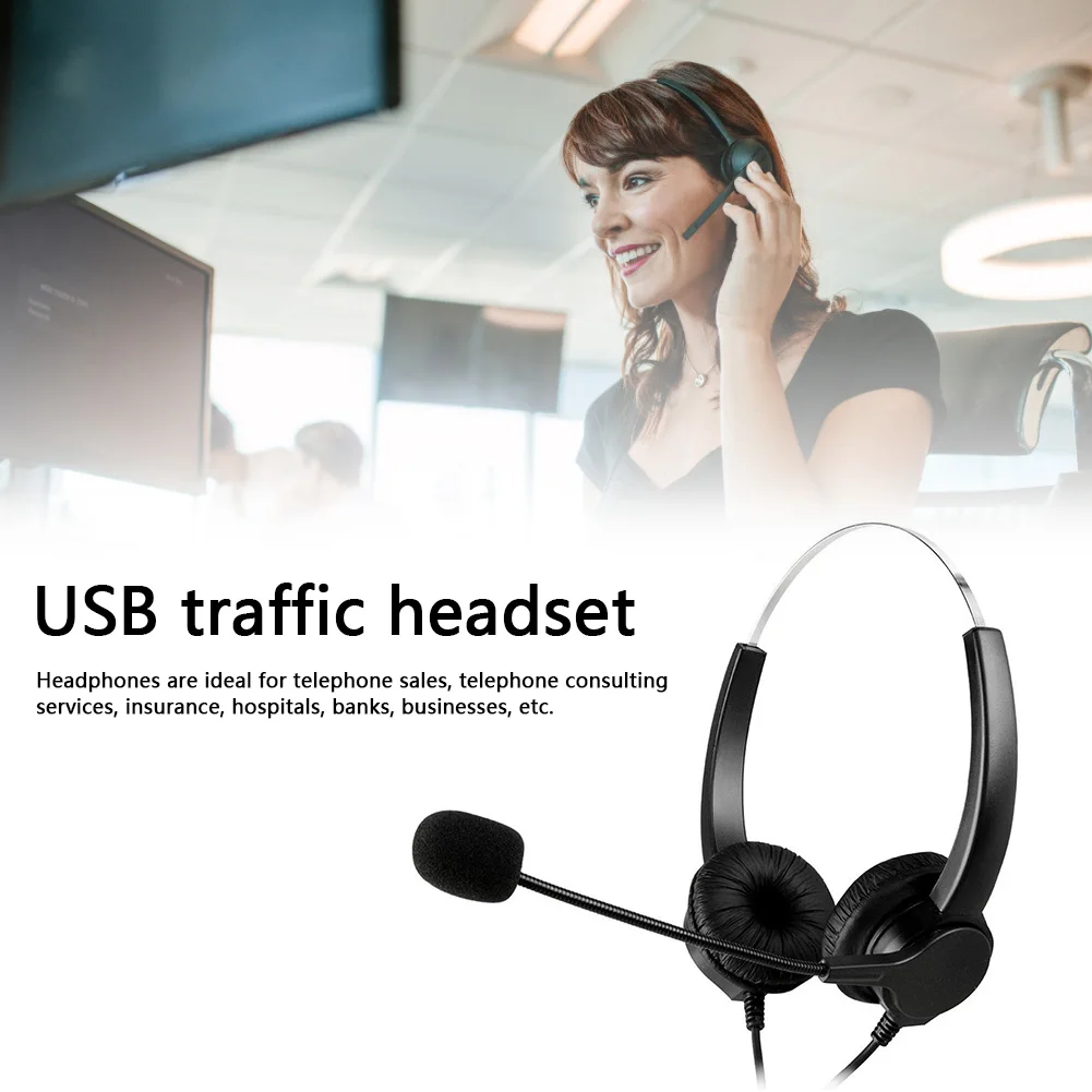Call Center Headset USB Wired Offical Telephone Headphone with Microphone Over the Head Noise Cancelling with Microphone for PC