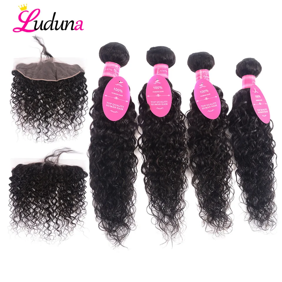 

Luduna Brazilian Water Wave Hair Weave Bundles With Frontal Closure 4 Bundles With Closure Human Remy Hair Bundles With Closure