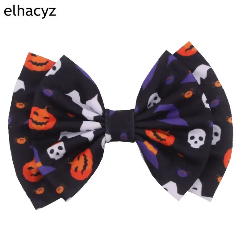 1PC New Halloween Pringitng  6'' Waffle Fabric Hair Bow With/Without Clip For Girls Popular Headwear Kids DIY Hair Accessories