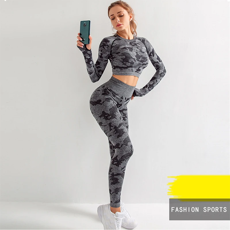2019 Новый Модный комплект одежды для спортзала камуфляжный костюм фитнеса из двух