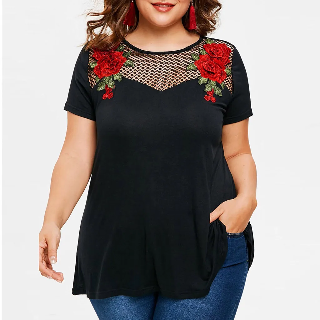 Blusa holgada informal De talla grande para verano, camisa con Apliques De encaje para Mujer, Túnica De almazuela De manga corta