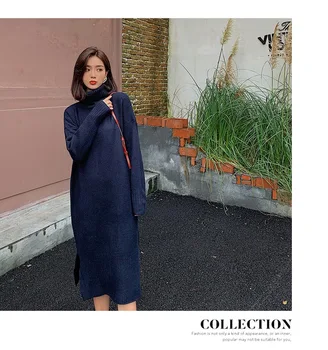 

2020 women Loose loose lazy high-neck thickened knitted dress women autumn and winter new fashion split fork long sweater skirt