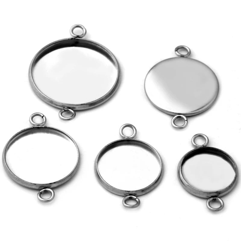 20pcs 8/10/12/14mm Stainless Steel Double Circle Round Pendant Blank Jewelry with Bezel Setting Tray Cameo Cabochons Accessories