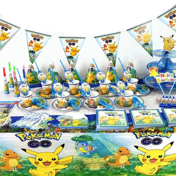 

120Pcs/180Pcs Pokemon Go Pikachu Cups Plates Napkins Kids Birthday Party Decoration Party Supplies Favor Items For 20 People Use
