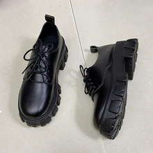 

2021 Autumn Lace Up Chunky Oxfords Shoes Women Loafers Black PU Leather Platform Flats Women Casual Derby Shoes Plus Size 35-43