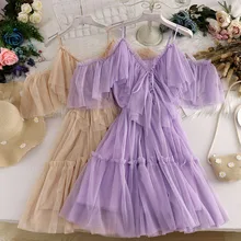 

Summer Solid Sweet Strap Dress for Women Elegant Slash Neck Princess Sexy Mini Dress Gauze Loose Pretty Party korean Dress