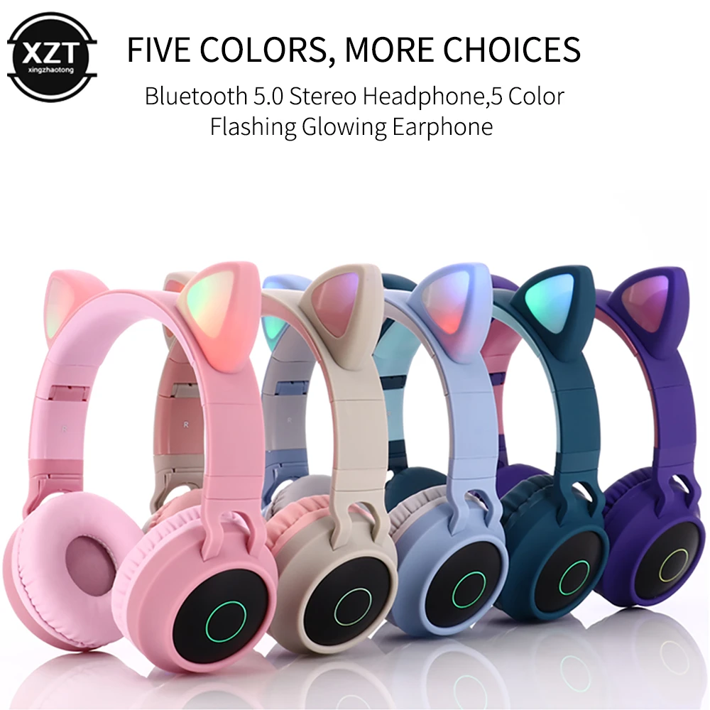 Cute Cat – casque d'écoute sans fil Bluetooth 5.0, musique Hifi, double stéréo, basse, lumière LED, pour téléphones mobiles, filles, Support carte TF
