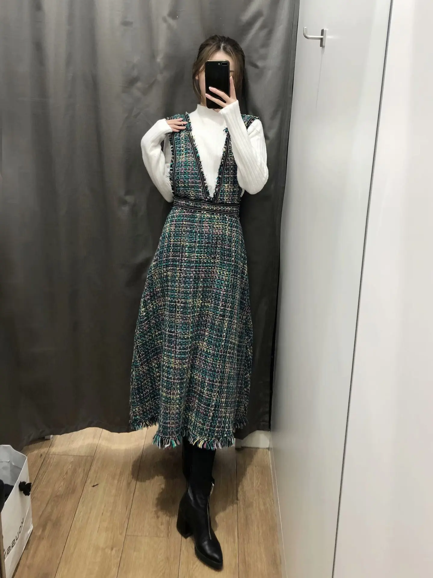 

2019 chun xin Europe And America Vintage V-neck Tweed High-waisted Slimming Elegant Vest Dress Medium-length Dress