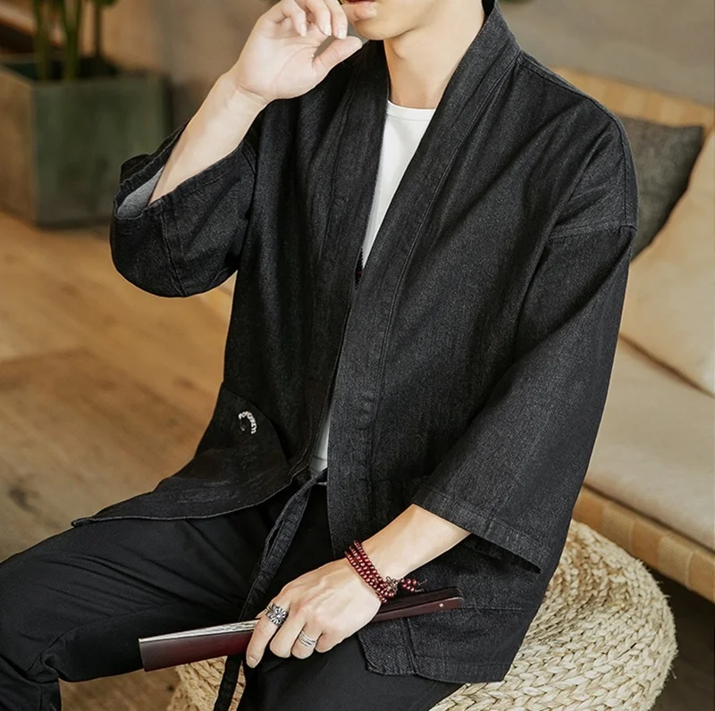 Кимоно кардиган Мужская японская мода Джинсовая рубашка кимоно Каратэ костюм самурая юката хаори куртка джинсы KK3242