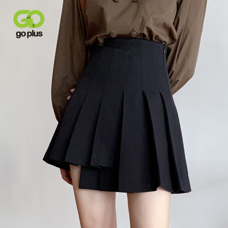 

GOPLUS Women's Skirts Korean Style Black Solid High Waist Plus Size Pleated Mini Skirts Womans Mujer Faldas Mujer Moda 2020