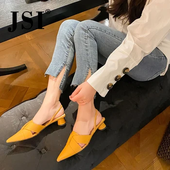 

JST Brand sandals women shoes cow leather pointed toe elastic band design low round heel hollow out JO519
