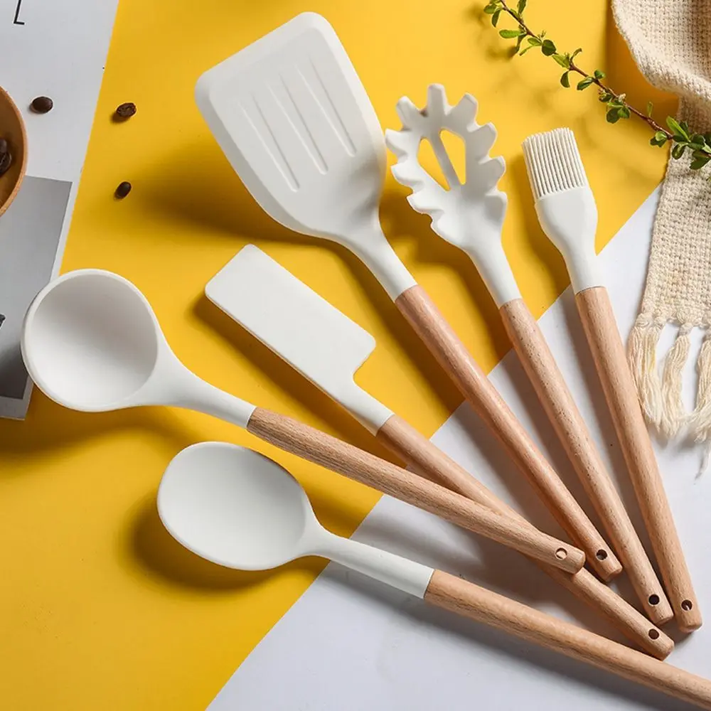 Cooking Kitchenware Tool Silicone Utensils Wooden Multifunction Handle Non-Stick Spatula Ladle Egg Beaters Shovel 1Pc kitchen utensils,multifunctional tool set