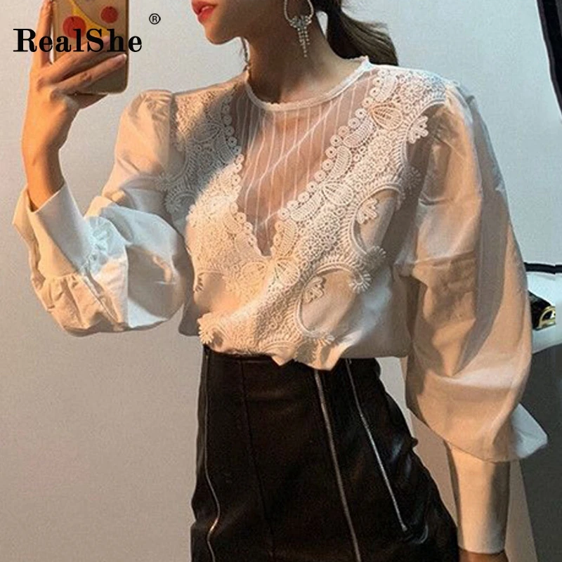 RealShe кружевная Женская белая блузка с круглым вырезом и длинным пышным рукавом