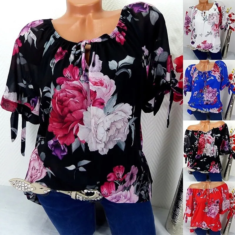 S 5xl Plus Size Tops Office Women Short Sleeve Blouse Vintage Floral Print Blouses Casual Chiffon Pullover Fashion Loose Shirt